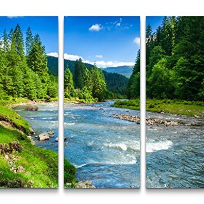 Paul Sinus Art Qualitaetsbild wunderschoene Landschaft mit Bergen Wald und Bach Wandbild auf leinwand fertig gespannt 0