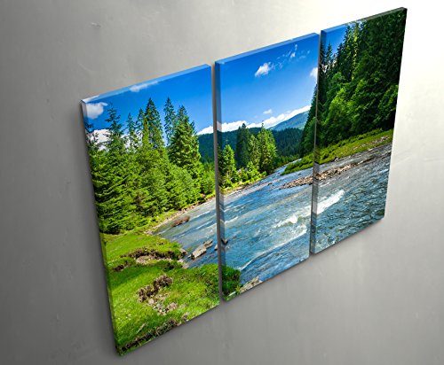 Paul Sinus Art Qualitaetsbild wunderschoene Landschaft mit Bergen Wald und Bach Wandbild auf leinwand fertig gespannt 0 5